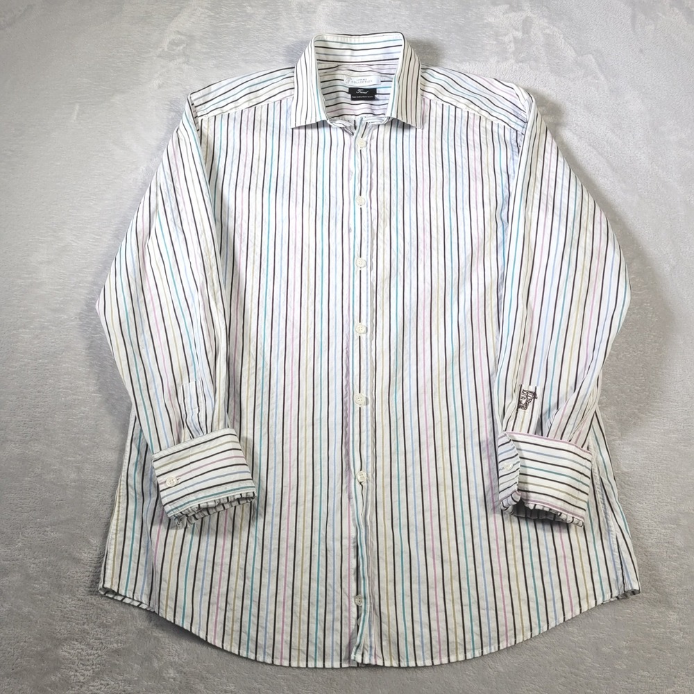 Versace Collection Shirt Mens 44 17.5 White Multi Color Stripe Trend Button Down